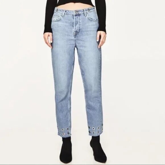 🇪🇸 ZARA washed blue denim jeans with chrome metal eyelets size US6 - Picture 5 of 16